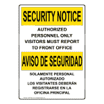 OSHA SECURITY NOTICE Visitors To Front Office Bilingual Sign OUB-7922