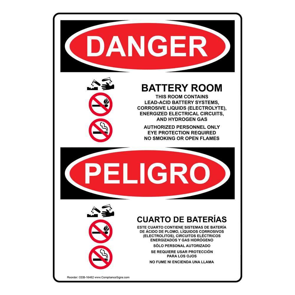 OSHA DANGER Battery Room Bilingual Sign ODB16462 Process Hazards