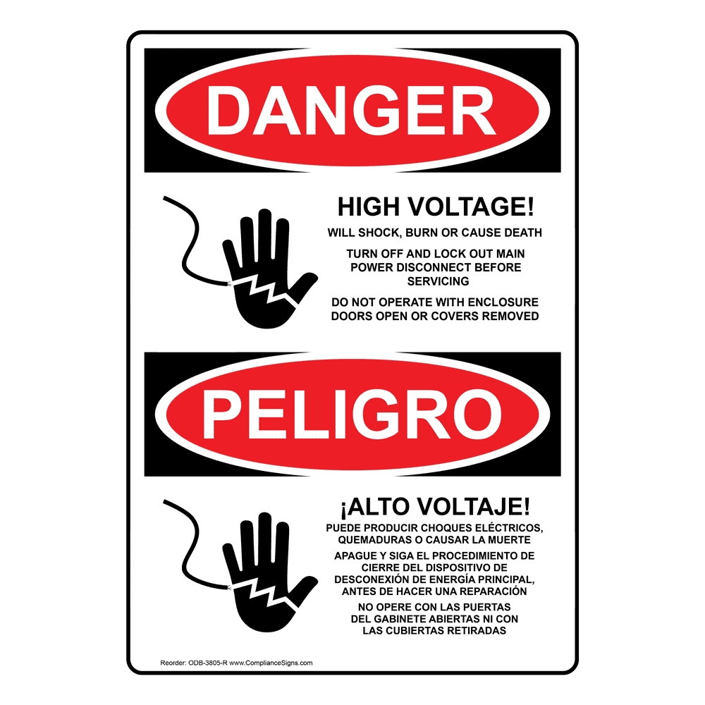 OSHA DANGER High Voltage Will Shock Death Bilingual Sign ODB-3805-R