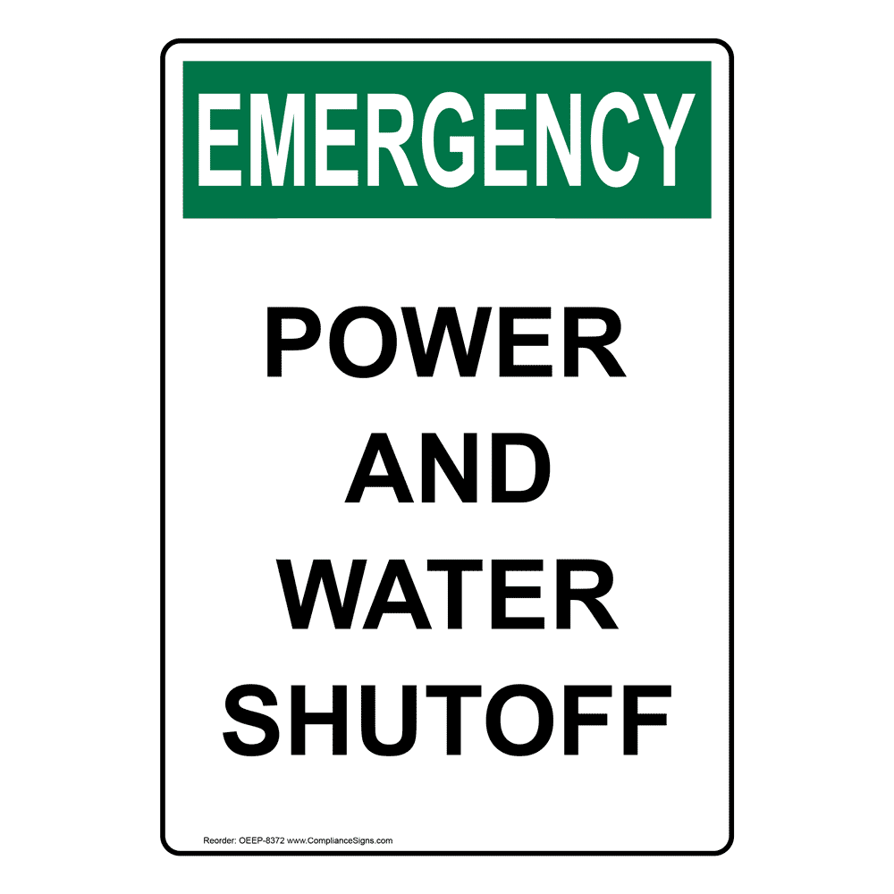 Portrait OSHA EMERGENCY Power And Water Shutoff Sign OEEP8372