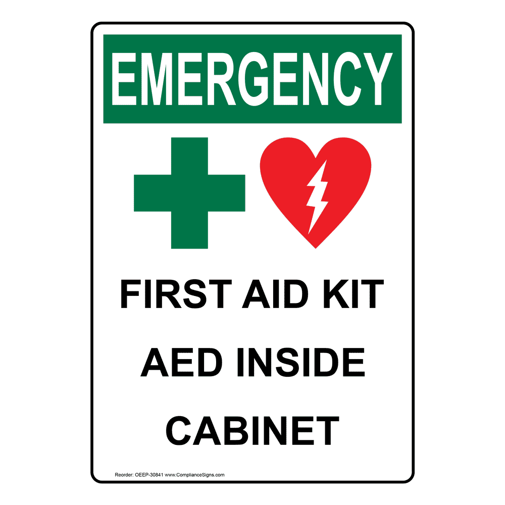 OSHA First Aid Kit AED Inside Sign With Symbol OEE30841