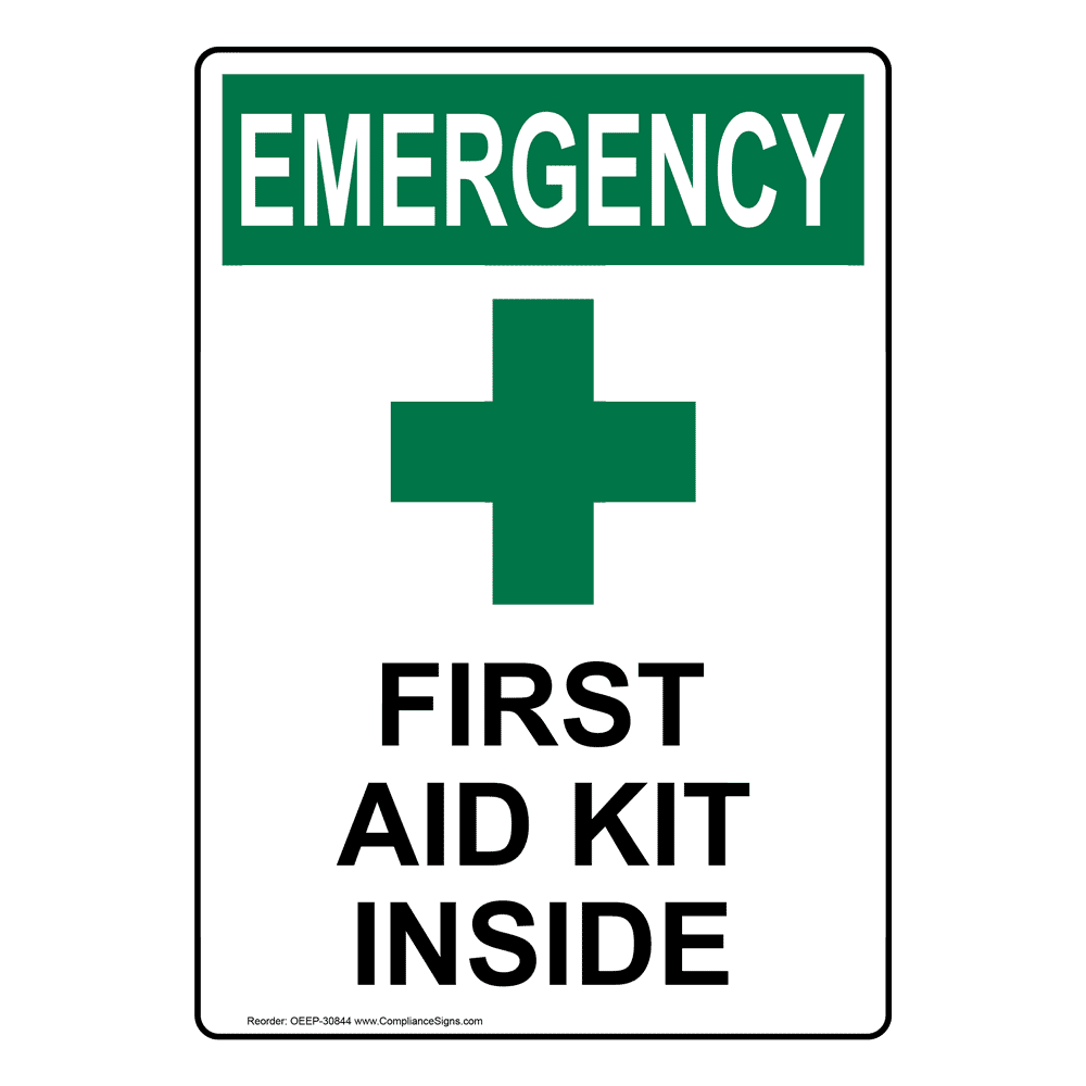 Portrait OSHA First Aid Kit Inside Sign With Symbol OEEP30844