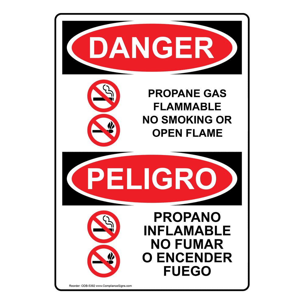 English + Spanish OSHA DANGER Propane Gas Flammable No Smoking Sign With Symbol ODB-5392