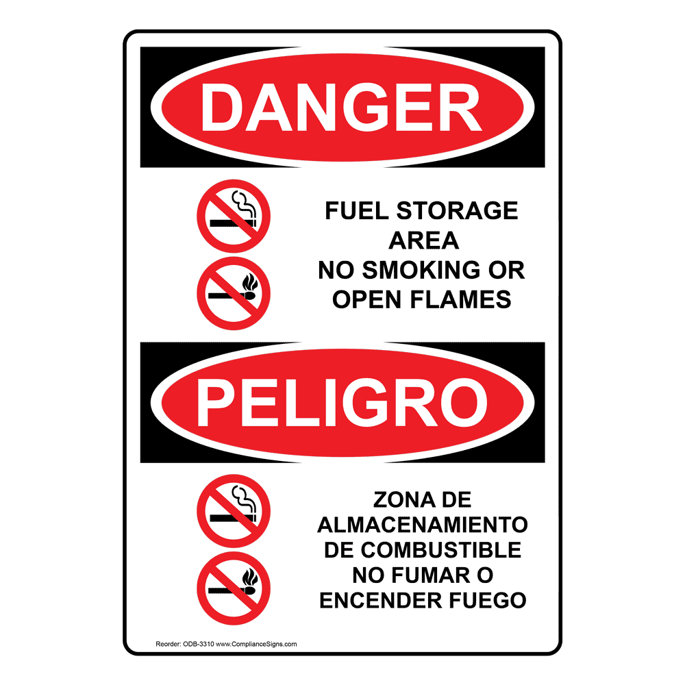 English + Spanish OSHA DANGER Fuel Storage Area No Smoking Sign With Symbol ODB-3310