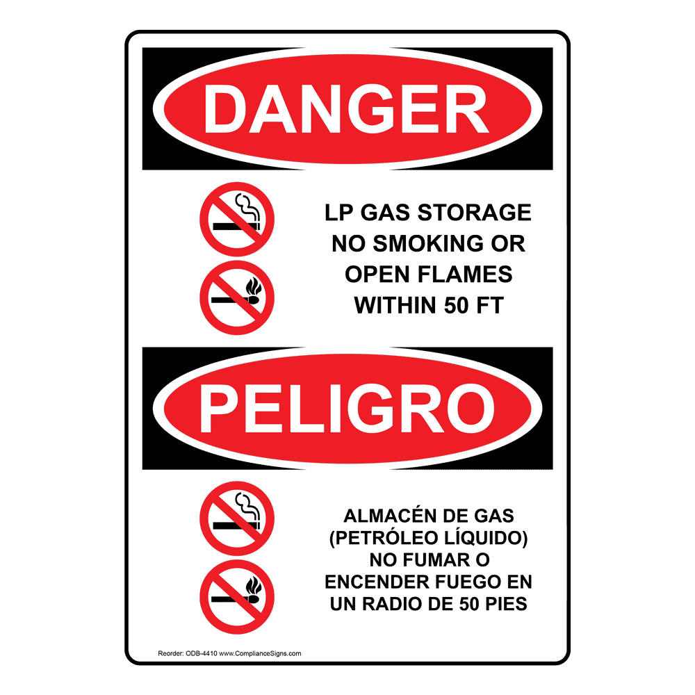 OSHA DANGER LP Gas Storage No Smoking 50 Ft Bilingual Sign ODB4410