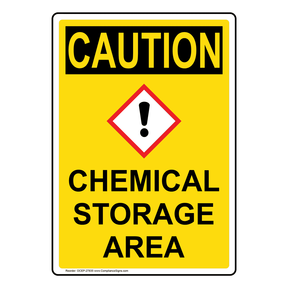 Portrait OSHA CAUTION Chemical Storage Area Sign With GHS Symbol OCEP-27835