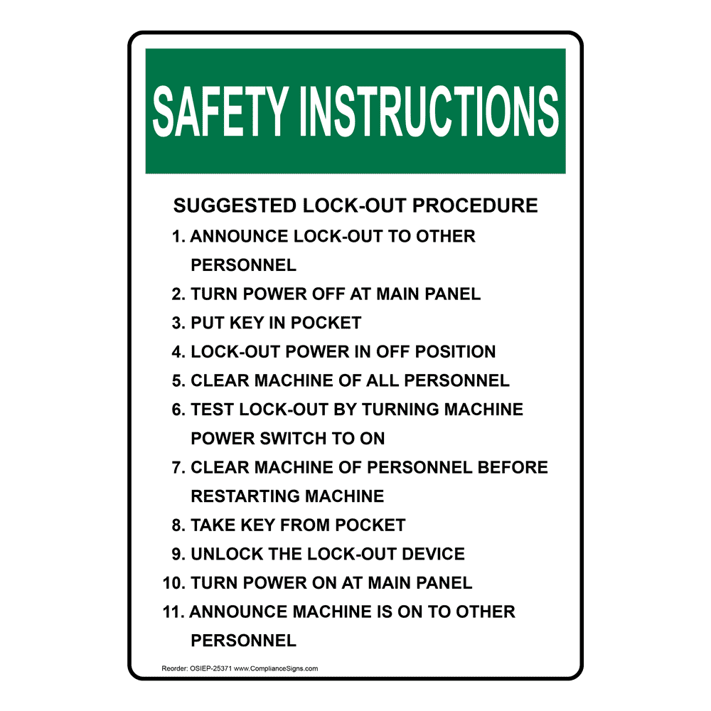 Portrait OSHA SAFETY INSTRUCTIONS Suggested Lock-Out Procedure Sign OSIEP-25371