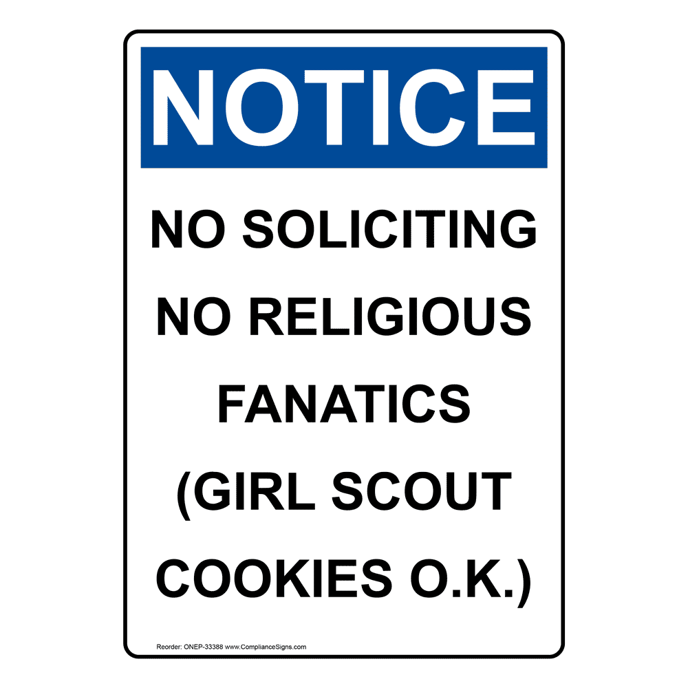 Portrait OSHA No Soliciting No Religious Fanatics Sign ONEP-33388