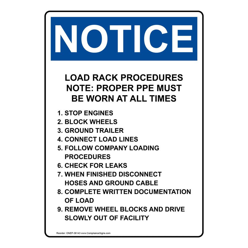 Portrait OSHA Load Rack Procedures Note Proper Sign ONEP36143