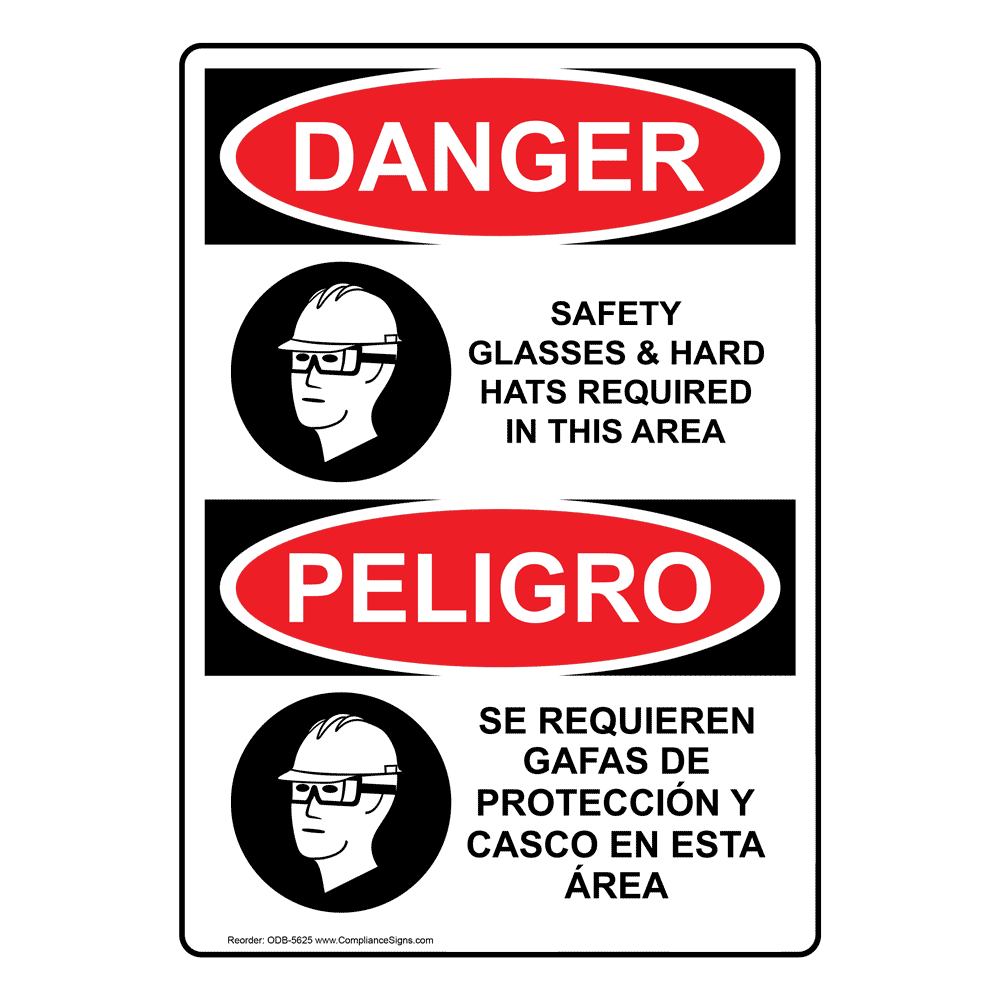OSHA DANGER Safety Glasses And Hard Hats Symbol Bilingual Sign ODB-5625