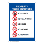 Property Rules Enforced No Alcohol Cell Phones Drugs Sign NHE-15247