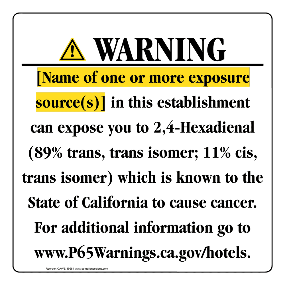 California Prop 65 Hotel Warning Sign CAWE-39584