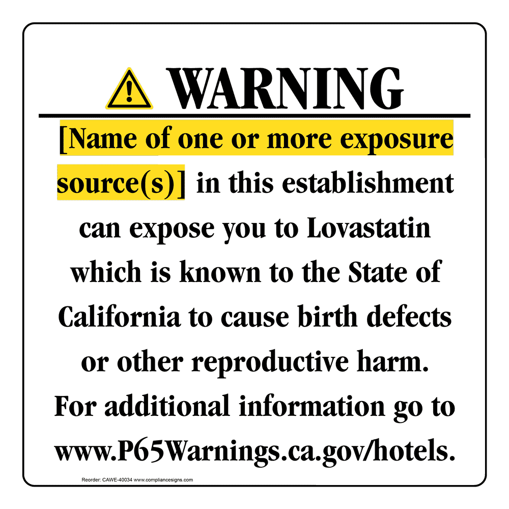 California Prop 65 Hotel Warning Sign CAWE-40034
