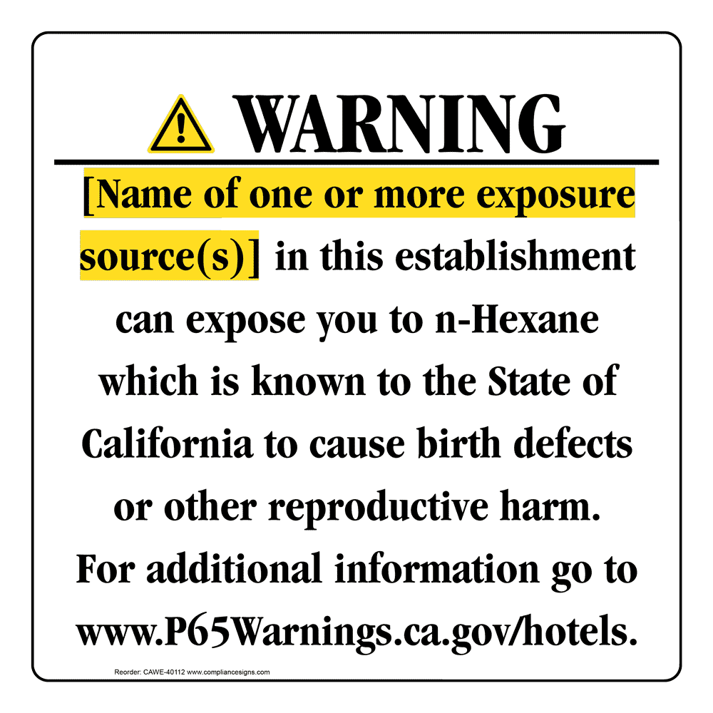 California Prop 65 Hotel Warning Sign CAWE-40112