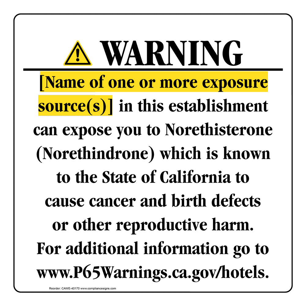 California Prop 65 Hotel Warning Sign CAWE-40170