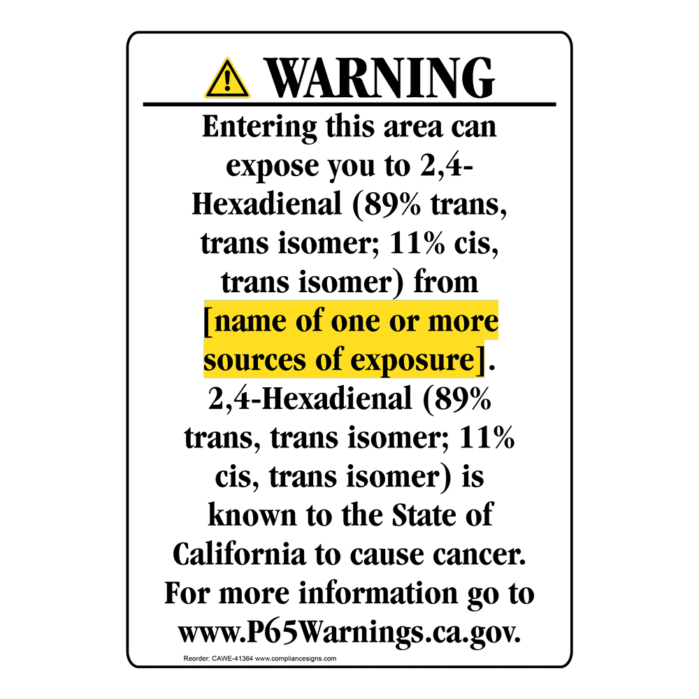 Portrait California Prop 65 Chemical Exposure Area Warning Sign CAWE-41364