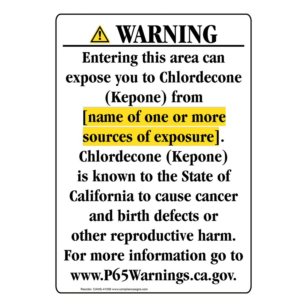 Portrait California Prop 65 Chemical Exposure Area Warning Sign CAWE-41556