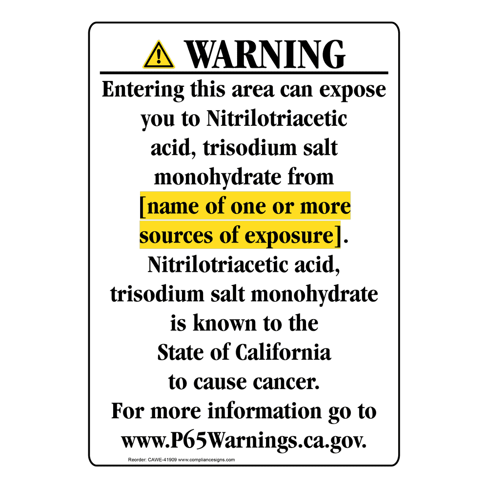 Portrait California Prop 65 Chemical Exposure Area Warning Sign CAWE-41909