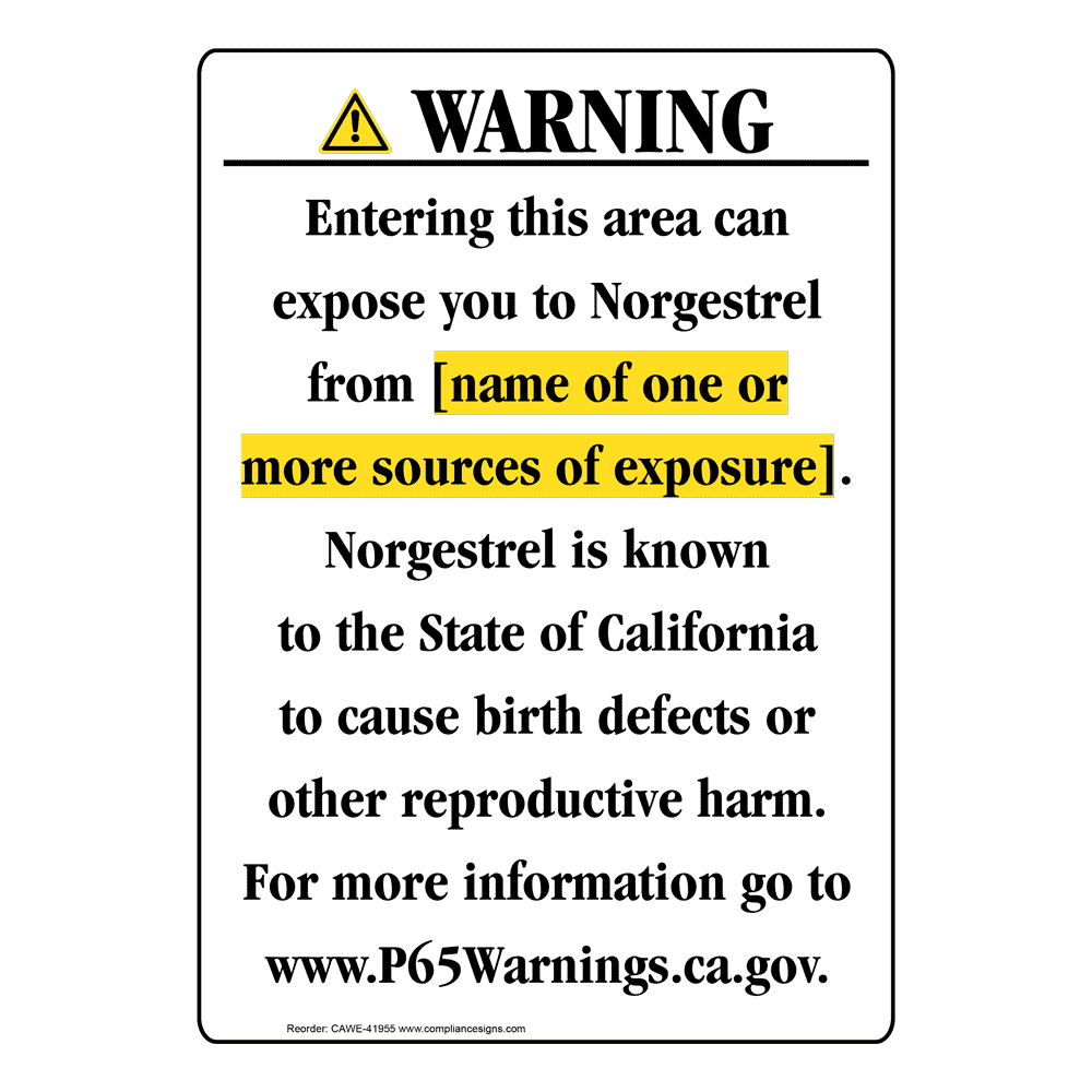 Portrait California Prop 65 Chemical Exposure Area Warning Sign CAWE-41955