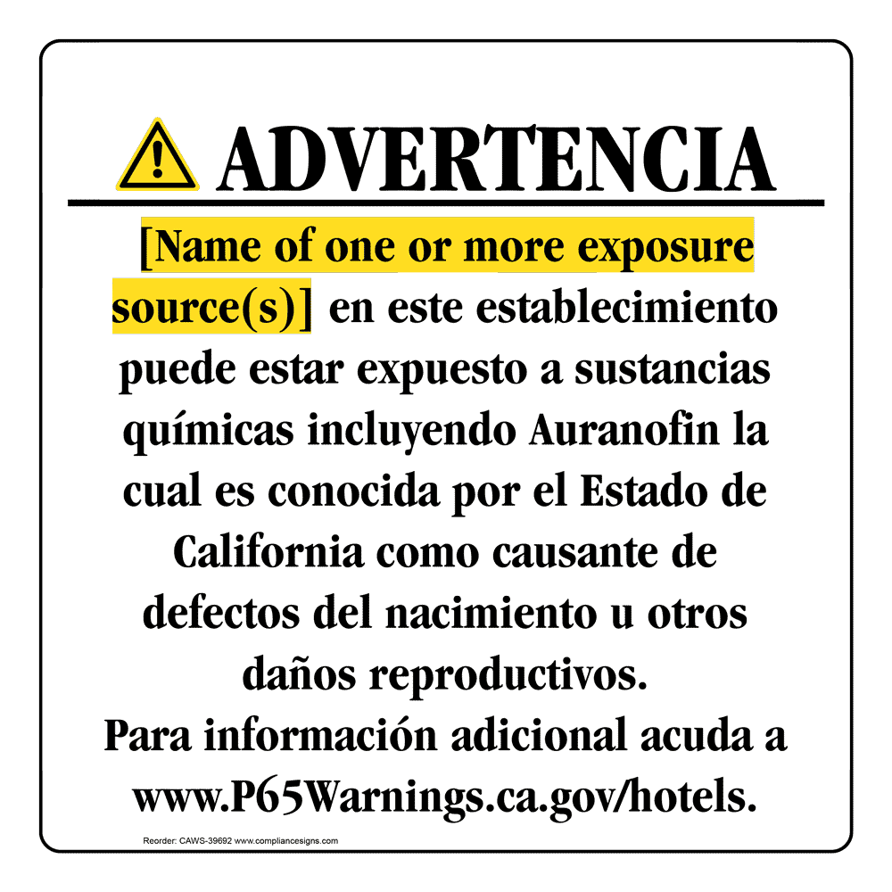 Spanish California Prop 65 Hotel Warning Sign CAWS-39692