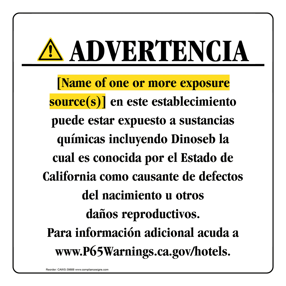Spanish California Prop 65 Hotel Warning Sign CAWS-39888