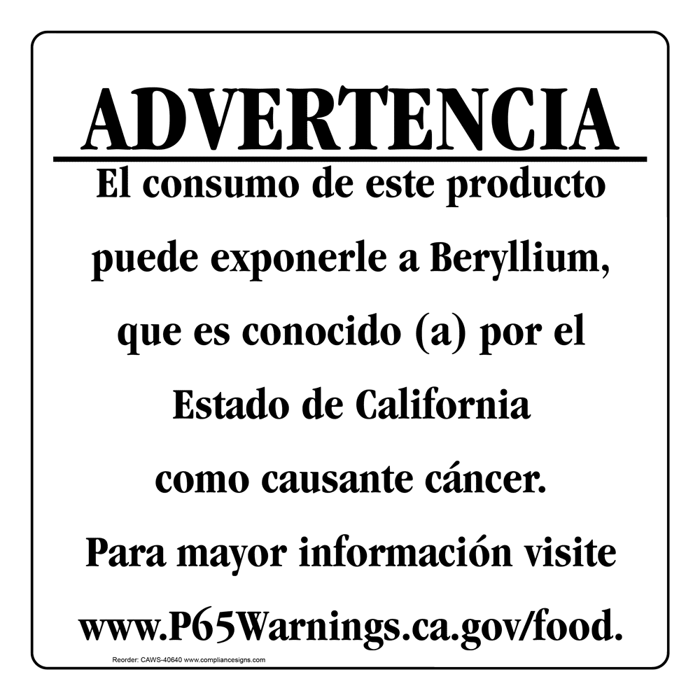 Spanish California Prop 65 Food Warning Sign CAWS-40640