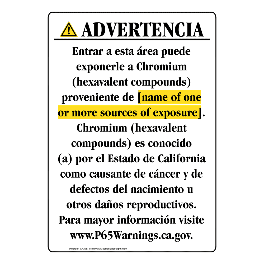 Spanish California Prop 65 Chemical Exposure Area Sign CAWS 41570