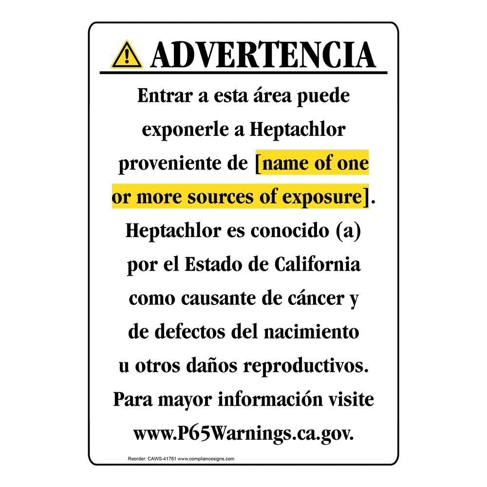 Spanish California Prop 65 Chemical Exposure Area Sign CAWS-41761
