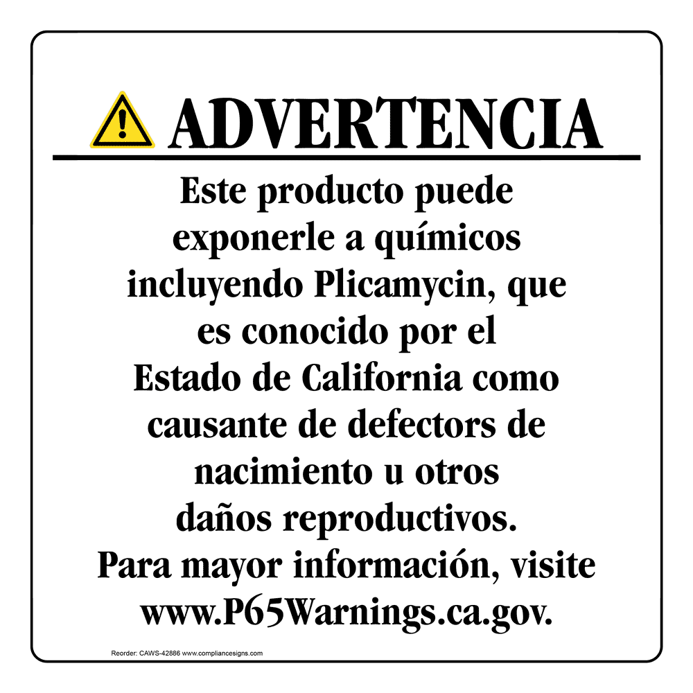 Spanish California Prop 65 Consumer Product Warning Sign CAWS42886