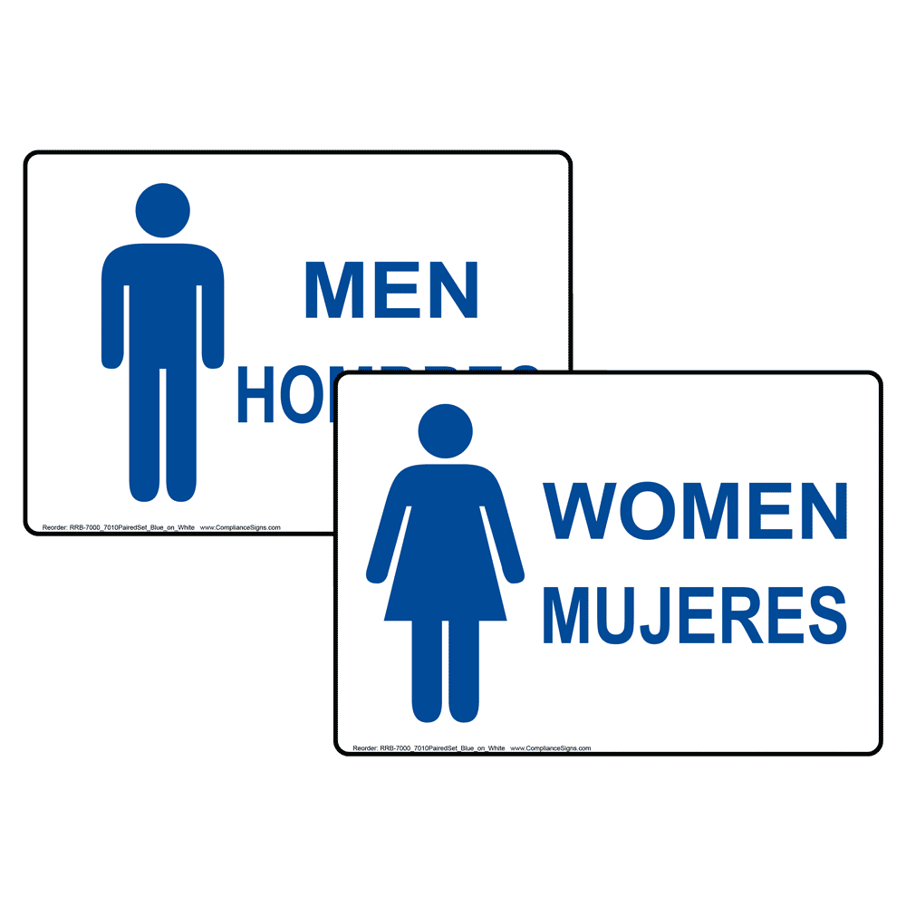 Men Women Set Bilingual Sign RRB-7000-7010Pair-BLUonWHT Restrooms