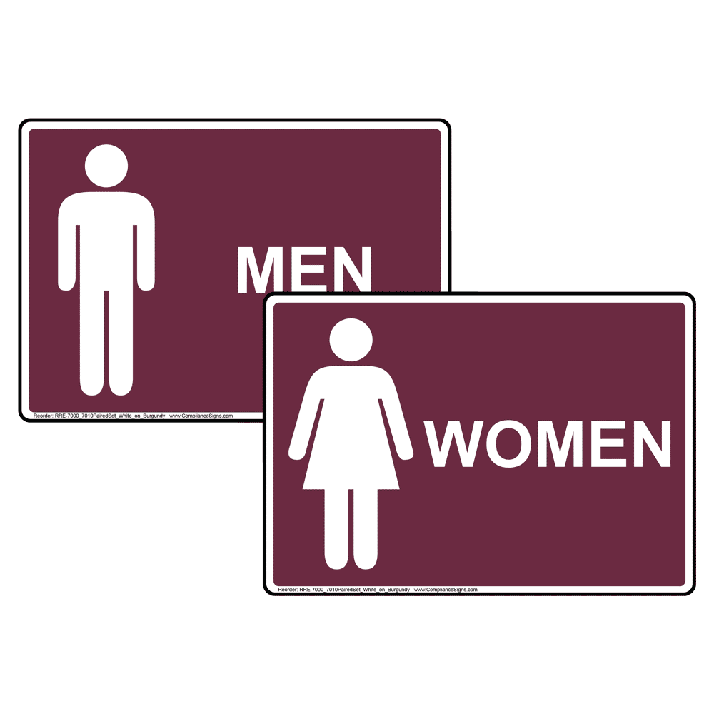 Burgundy MEN WOMEN Restrooms Sign Set With Symbols RRE-7000_7010PairedSet_White_on_Burgundy