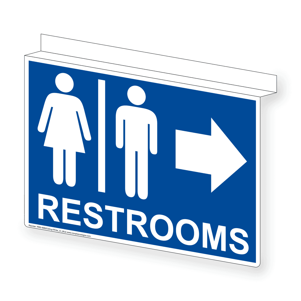 Blue Ceiling-Mount RESTROOMS Right Sign With Symbol RRE-6982Ceiling-White_on_Blue
