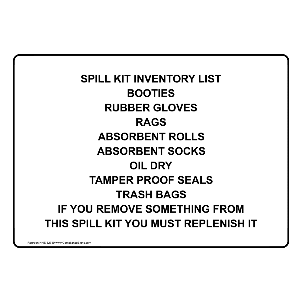 Portrait Spill Kit Inventory List Booties Rubber Sign NHEP32719