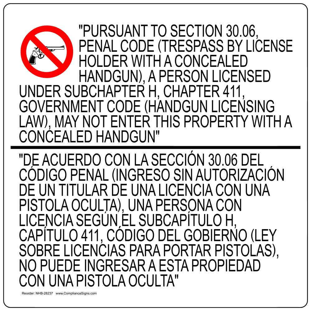 Texas 30.06 Concealed Carry Sign NHB-28237-TX