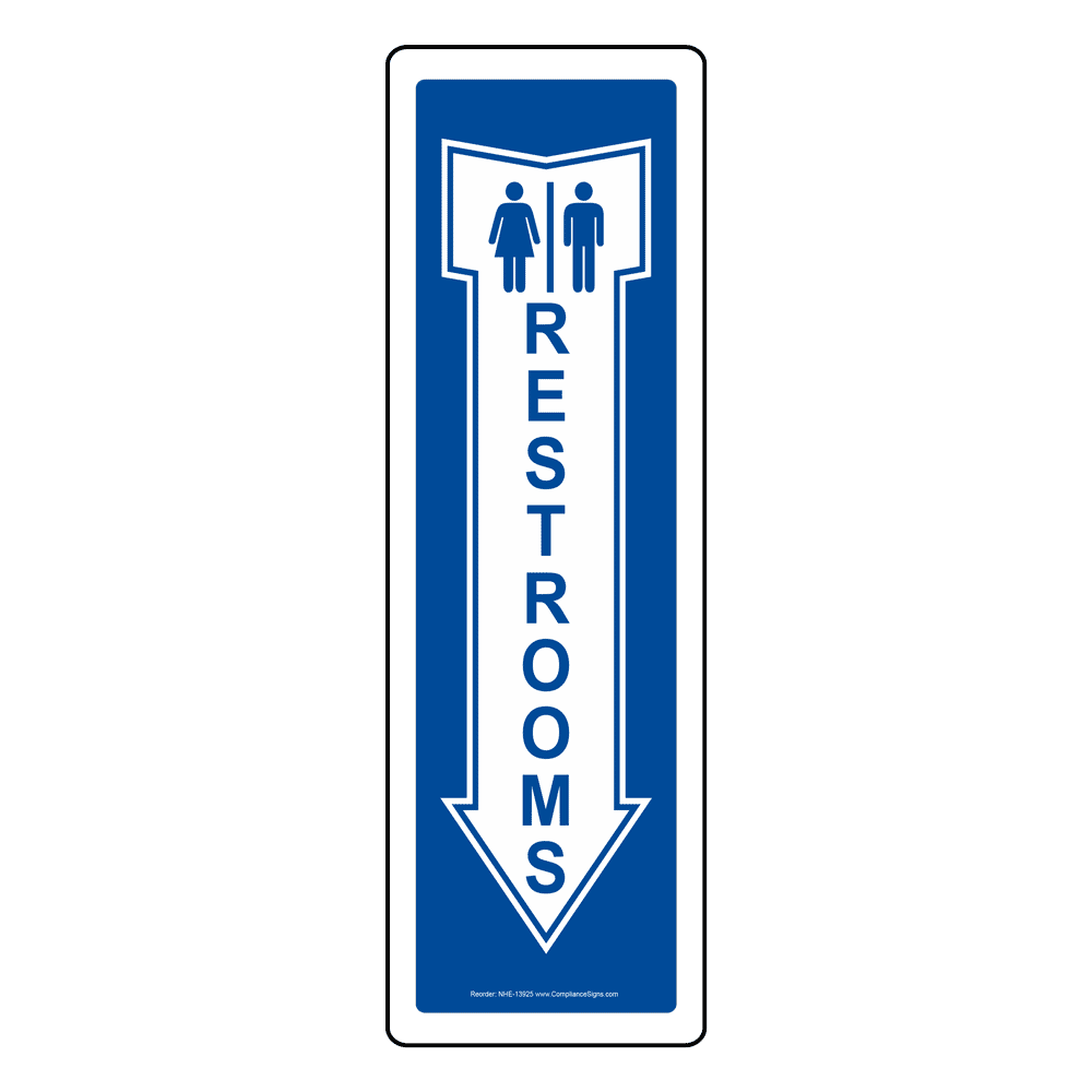 Portrait Blue RESTROOMS Arrow Sign With Symbol NHE-13925