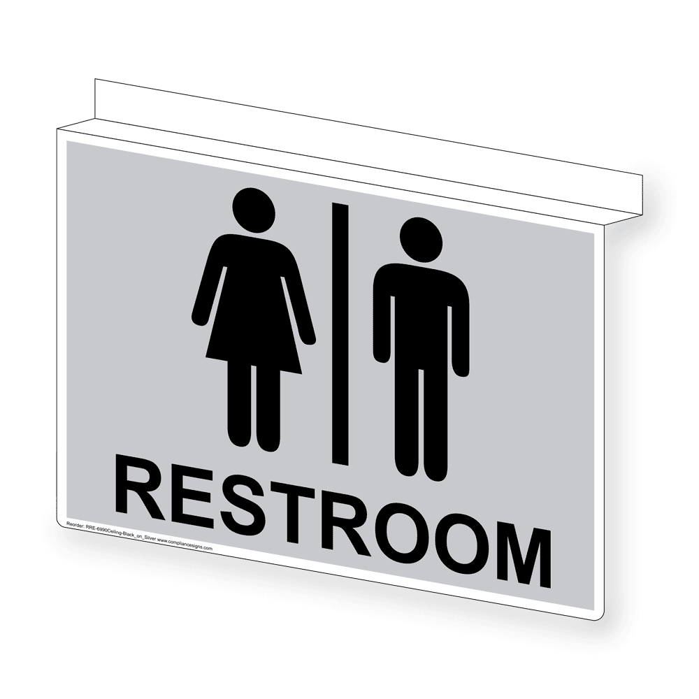 Silver Ceiling-Mount RESTROOM Sign With Symbol RRE-6990Ceiling-Black_on_Silver