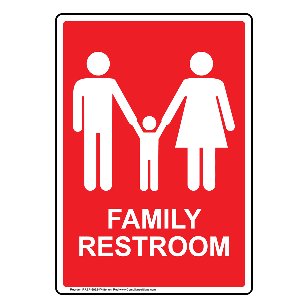 Red Family Restroom Bilingual Sign With Symbol RRBP6992White_on_Red