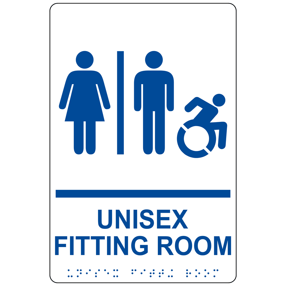 White Braille UNISEX FITTING ROOM Sign with Dynamic Accessibility Symbol RRE-19941R_Blue_on_White