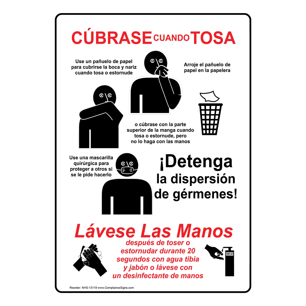 Cover Your Cough Use Tissue Spanish Sign NHS13119 Hand Washing