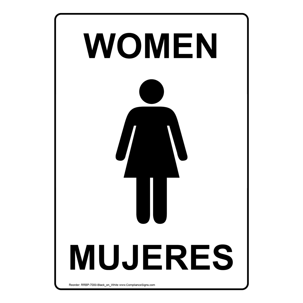 White Women Mujeres Restroom Sign With Symbol RRBP7000Black_on_White