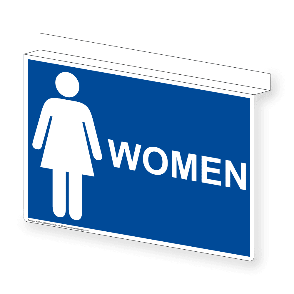 Blue Ceiling-Mount WOMEN Restroom Sign With Symbol RRE-7000Ceiling-White_on_Blue