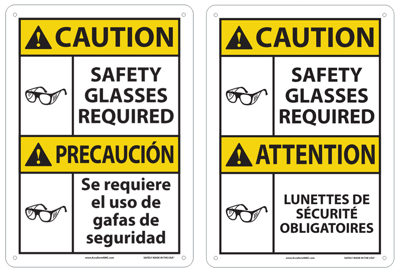 Custom bilingual ANSI CAUTION signs Custom English-Spanish and English-French bilingual CAUTION Safety Glasses Required signs