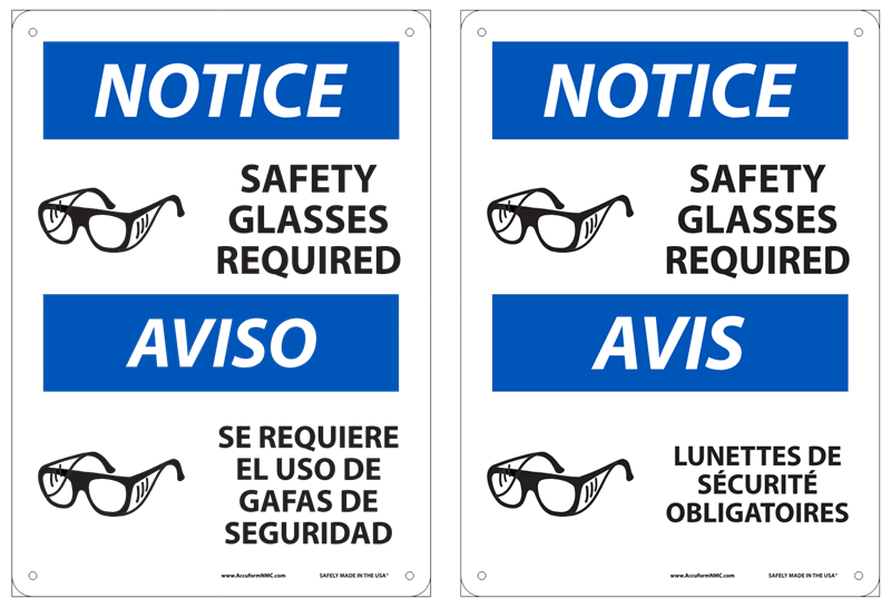 Custom bilingual OSHA NOTICE signs Custom English-Spanish and English-French bilingual NOTICE Safety Glasses Required signs