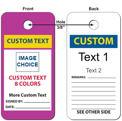 Safety tag with custom header, image and text options