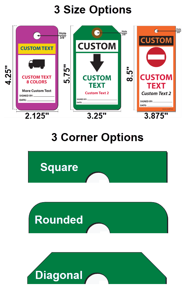 Custom safety tag sizes and corner finishing options