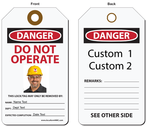 Do Not Operate safety tag with worker photo and custom text