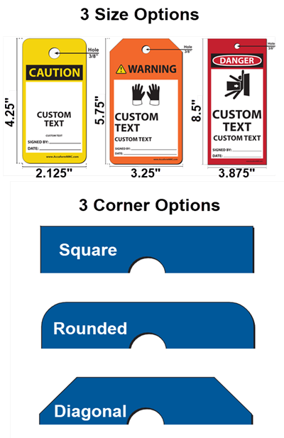 Safety tag sizes and corner finishing options
