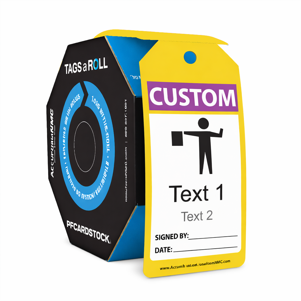 Custom yellow tag with purple header in a Tags by the Roll dispenser box