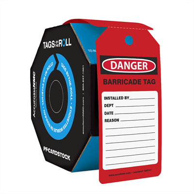 Custom OSHA Danger tags in a Tags by the Roll dispenser box