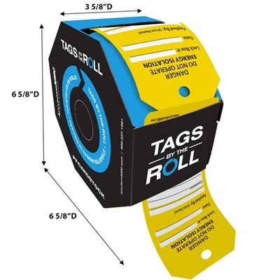 Box of Yellow Tags by the Roll with Size Dimensions